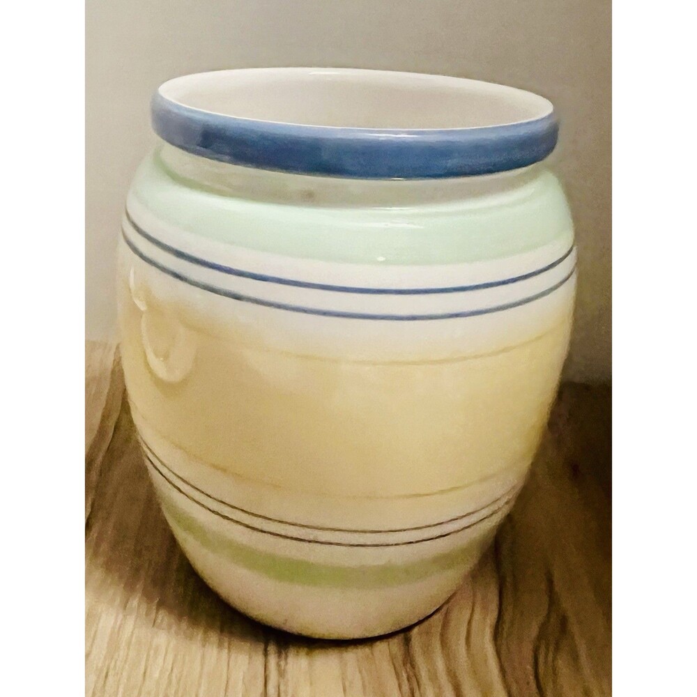 Pfaltzgraff Floral Breeze blue green striped ceramic canister Utensil Holder
